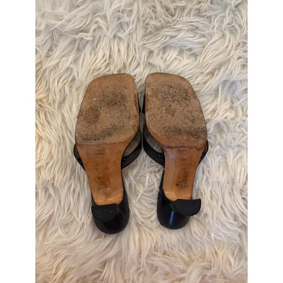 Chanel Black Leather Kitten Heel Slide Sandals 37 US 7 Cross Strap Mules CC Logo - Picture 6 of 11